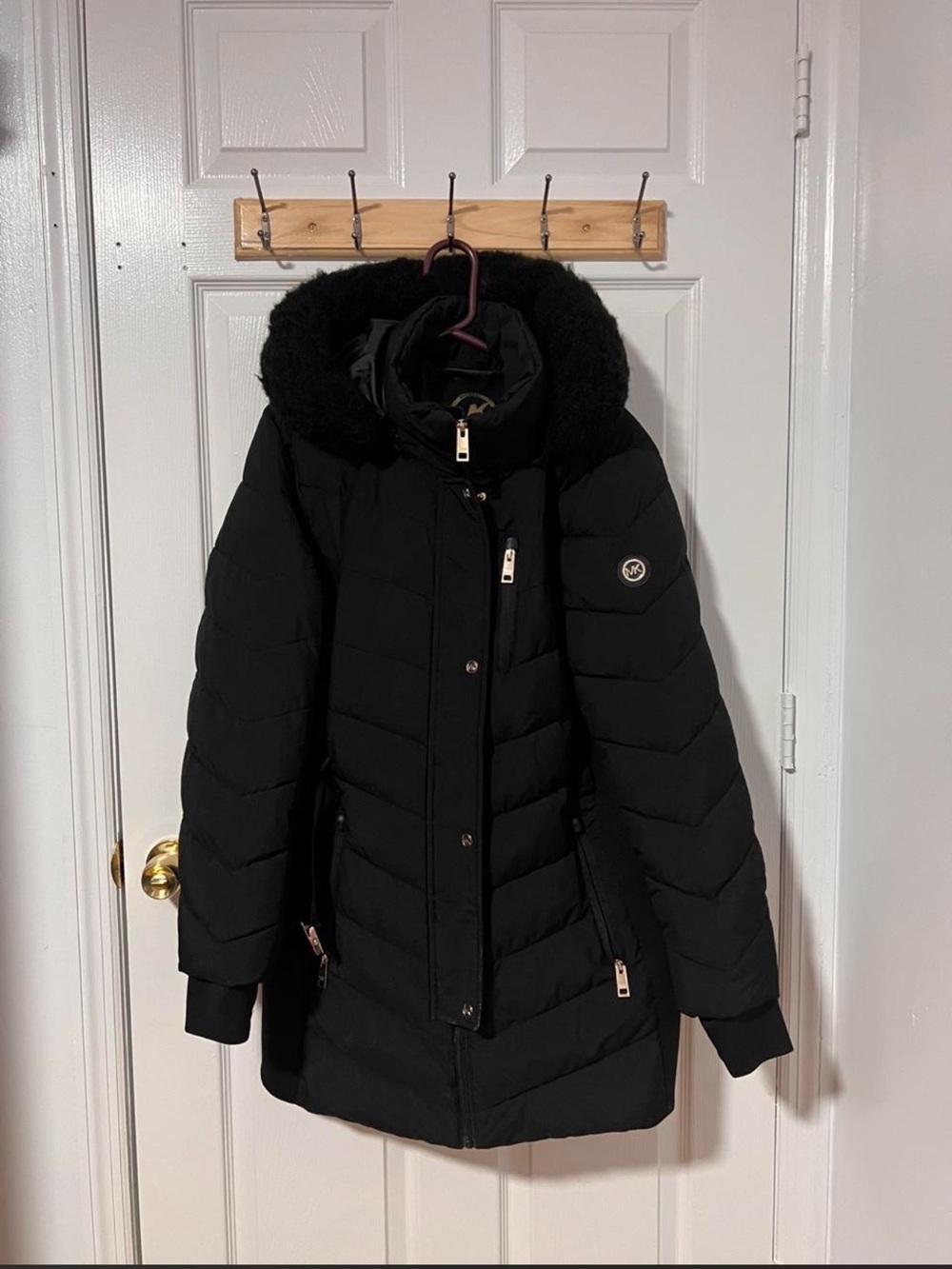 Michael Kors Black Quilted Down-Style Puffer Coat with Faux Fur Hood
